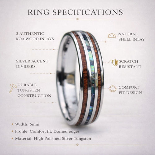 Echelon II - Tungsten 6mm Wedding Ring with Koa Wood and Shell Inlay - view 8 - Nura Lab