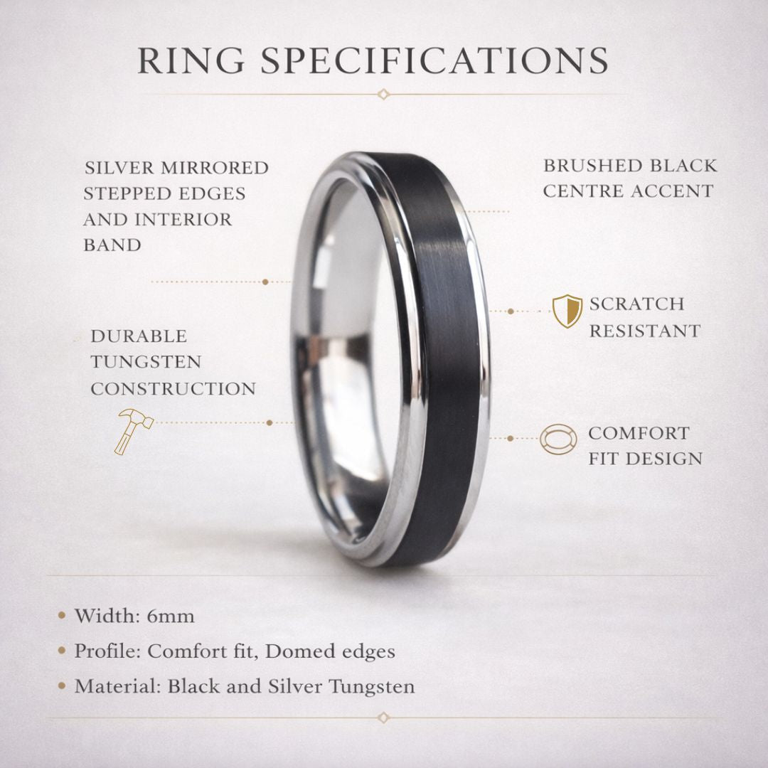 Stonehaven - Tungsten 6mm Black Wedding Ring with Silver Edges - view 8 - Nura Lab