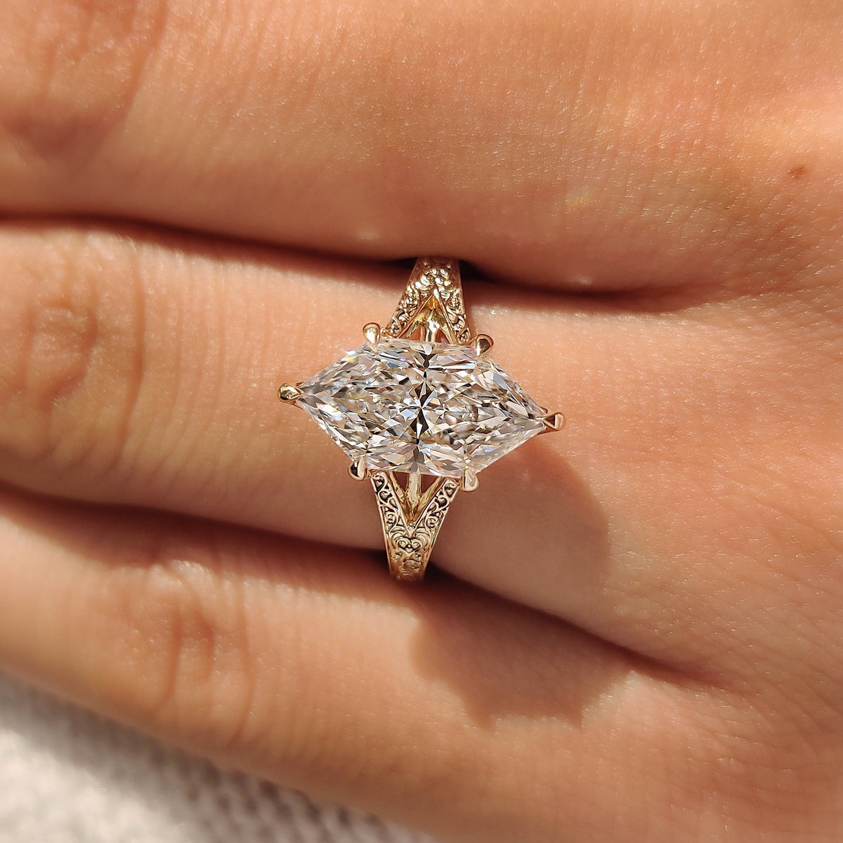 Celestine Faye - Dutch Marquise Solitaire Ring with Vintage Inspired Filigree Split Shank