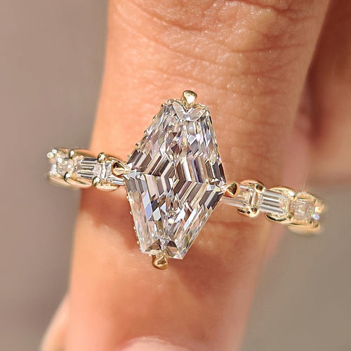 Leonora Belle - Squashed Hexagon Step Cut Ring with Baguette Cut Pave Band