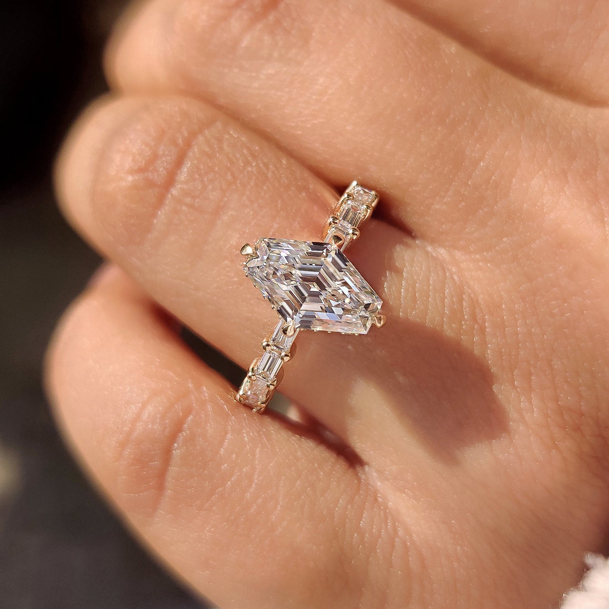 Leonora Belle - Squashed Hexagon Step Cut Ring with Baguette Cut Pave Band