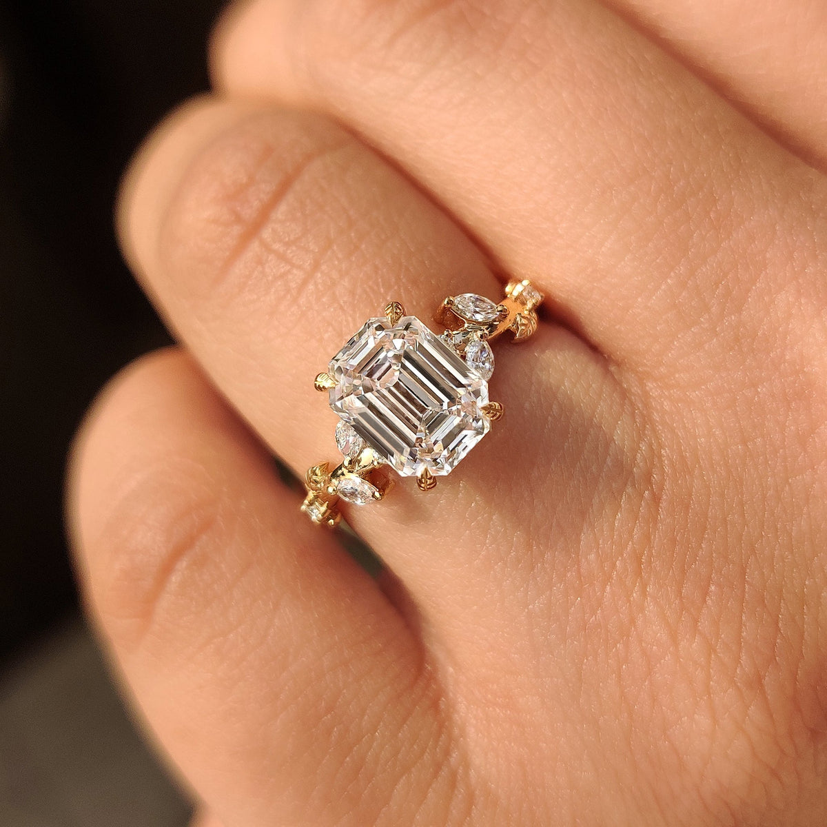 Leonora Elise - Old Mine Emerald Cut Nature Inspired Ring in Leaf Style Prong