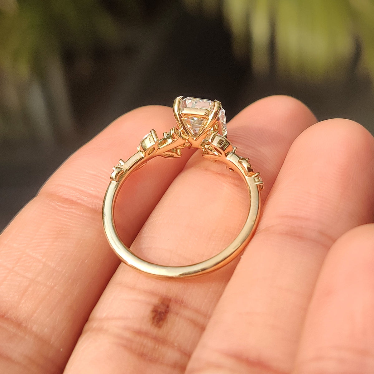 Leonora Elise - Old Mine Emerald Cut Nature Inspired Ring in Leaf Style Prong