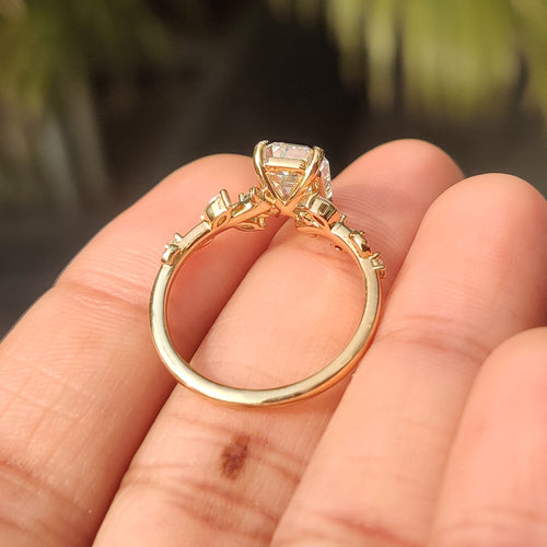 Leonora Elise - Old Mine Emerald Cut Nature Inspired Ring in Leaf Style Prong