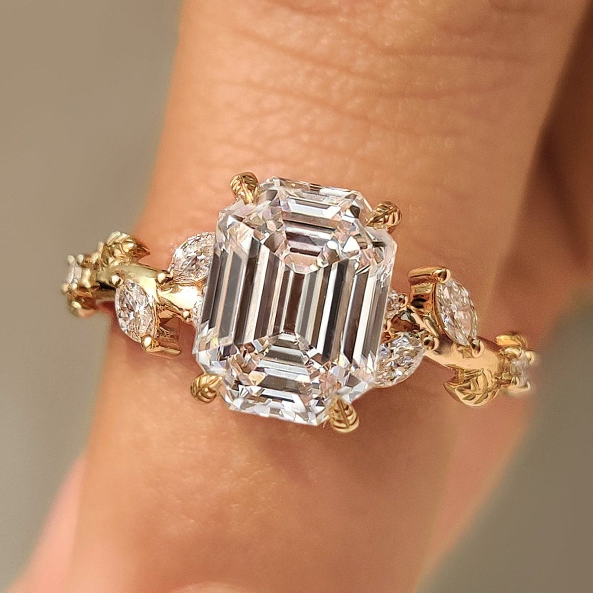 Leonora Elise - Old Mine Emerald Cut Nature Inspired Ring in Leaf Style Prong