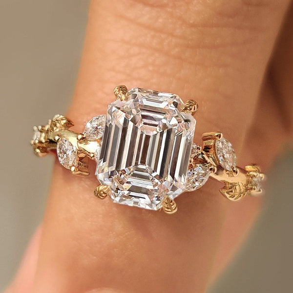 Leonora Elise - Old Mine Emerald Cut Nature Inspired Ring in Leaf Style Prong