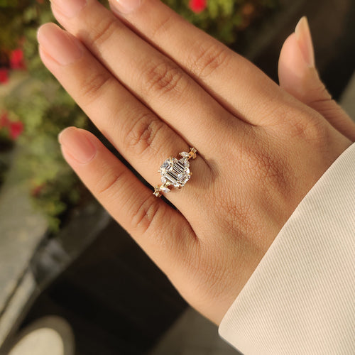 Leonora Elise - Old Mine Emerald Cut Nature Inspired Ring in Leaf Style Prong