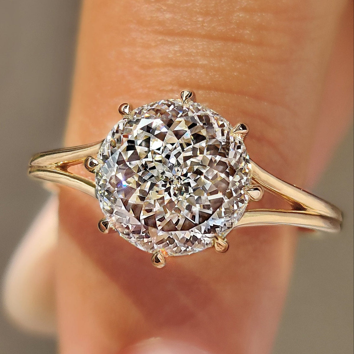 Celestine Grace - Portuguese Cut Diamond Solitaire Engagement Ring with Split Shank