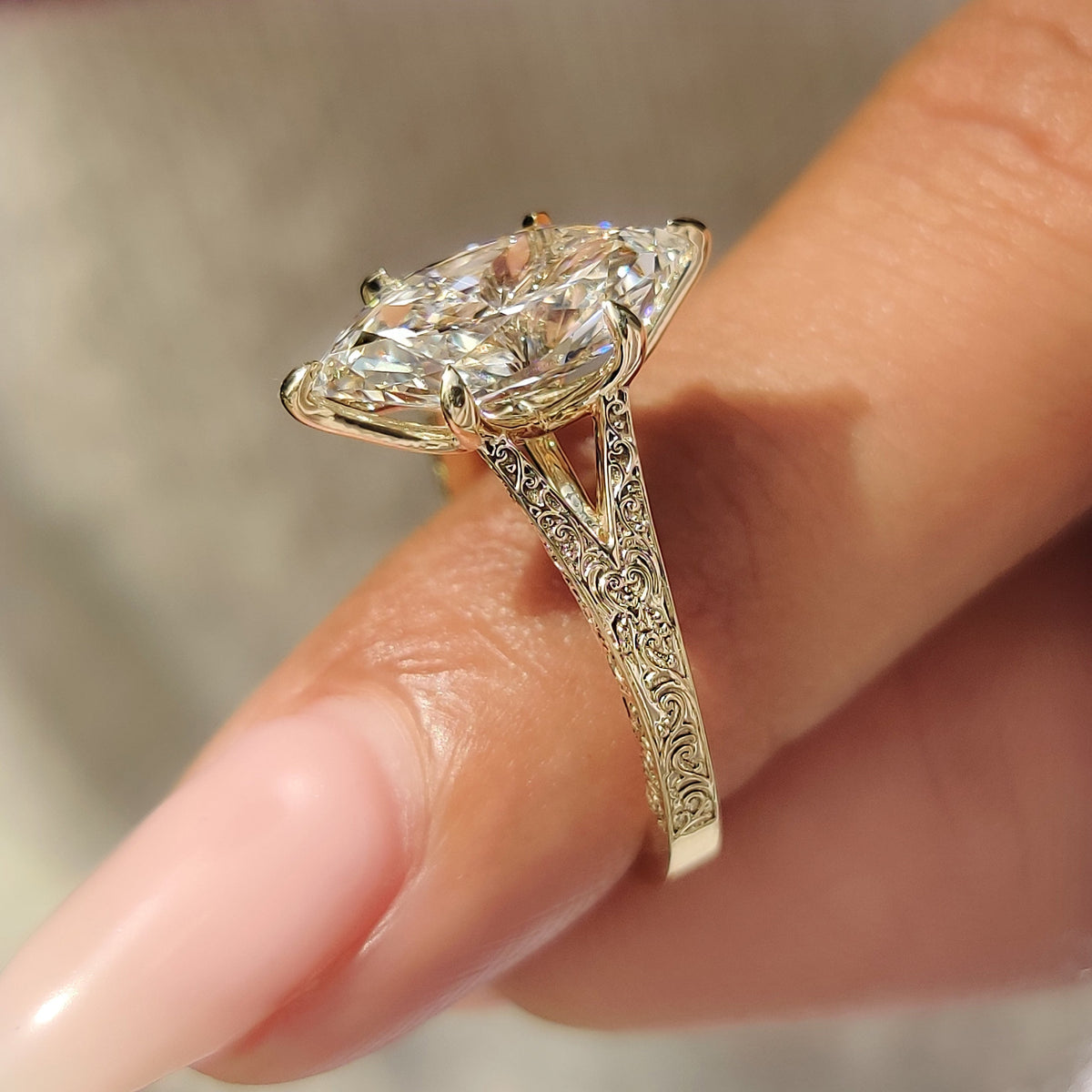 Celestine Faye - Dutch Marquise Solitaire Ring with Vintage Inspired Filigree Split Shank