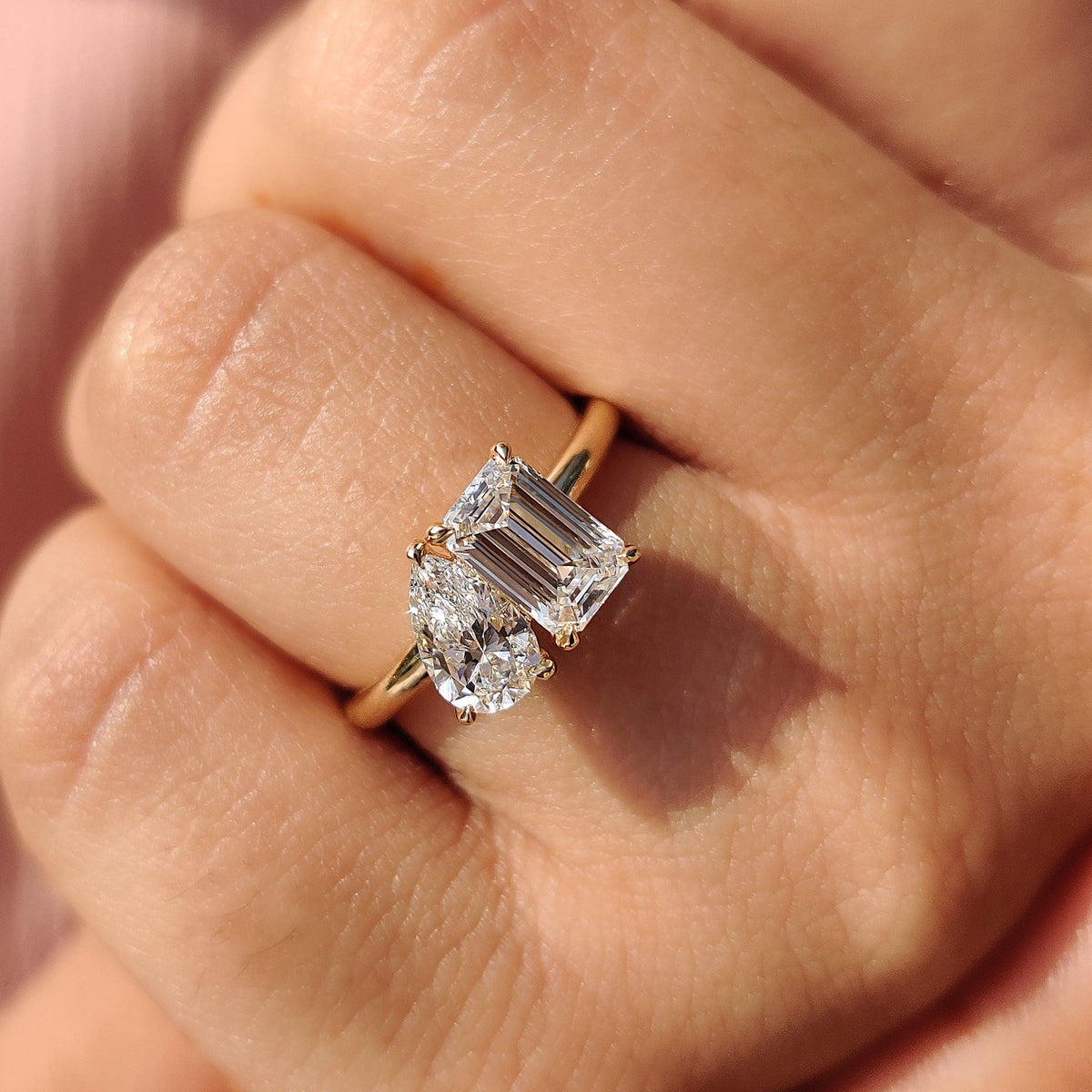 Violette Faye - Emerald And Pear Engagement Ring In Toi Et Moi Style