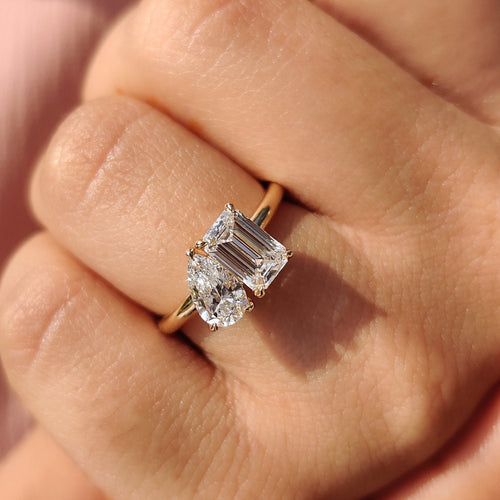 Violette Faye - Emerald And Pear Engagement Ring In Toi Et Moi Style