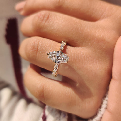 Leonora Belle - Squashed Hexagon Step Cut Ring with Baguette Cut Pave Band