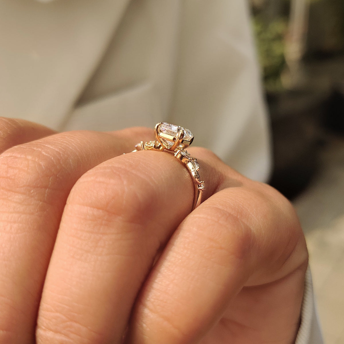 Leonora Elise - Old Mine Emerald Cut Nature Inspired Ring in Leaf Style Prong