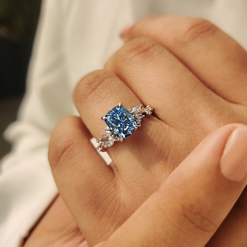 Vivienne Rose - Blue Cushion Cut Diamond Ring in Cluster Setting