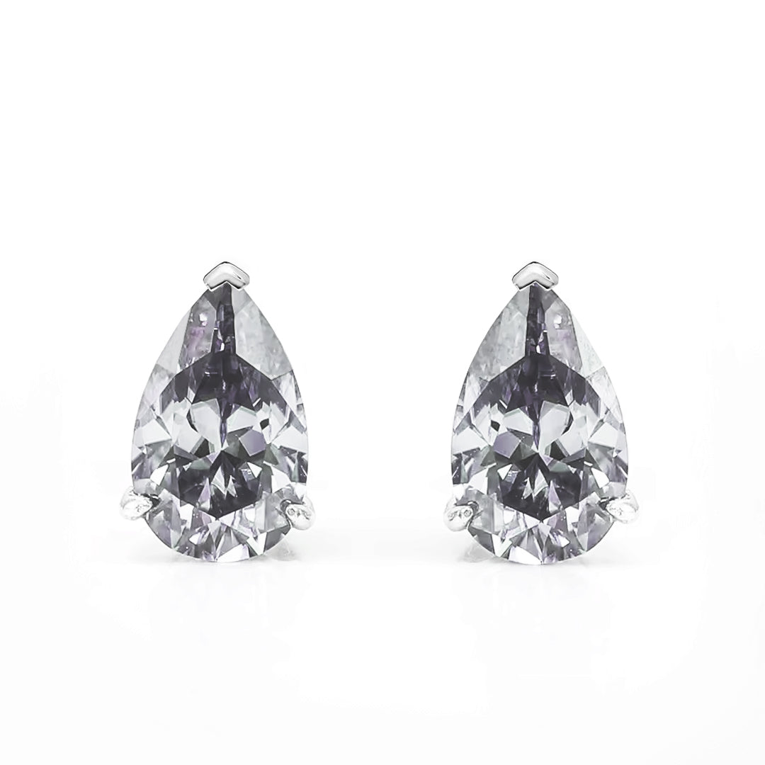 Ember Pear-Cut Grey Moissanite Stud Earrings by Nura Lab in platinum plating over S925 sterling silver