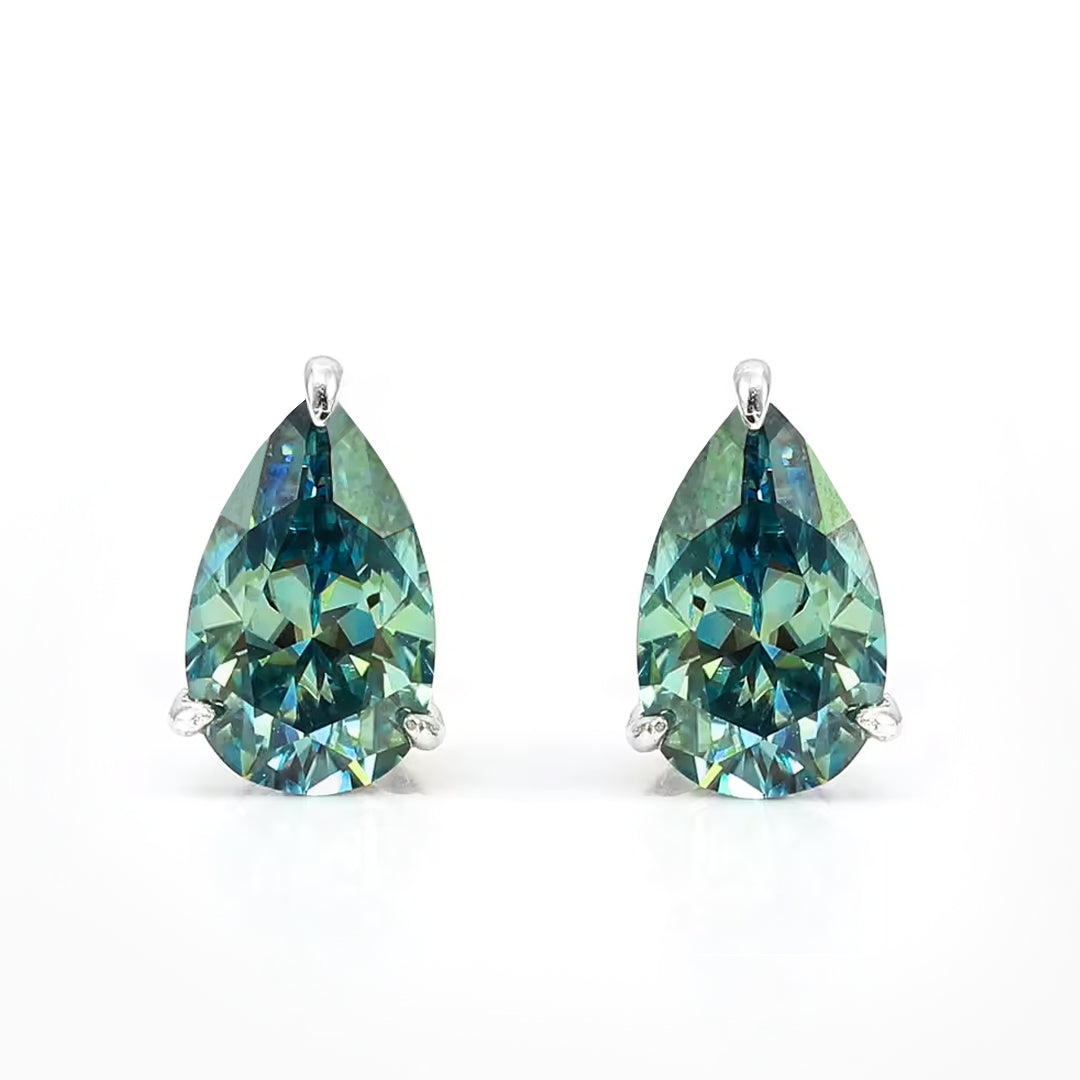 Verdora Pear-Cut Green Moissanite Stud Earrings by Nura Lab in platinum plating over S925 sterling silver
