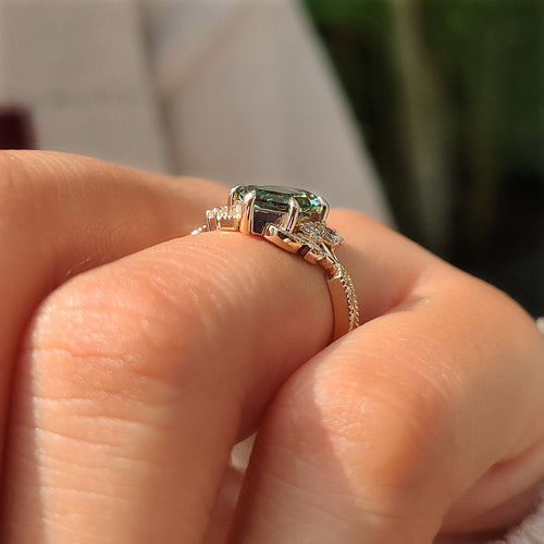 Aurelia Marie - Green Hexagon Step Cut Diamond Cluster Ring in Nature Inspired Style