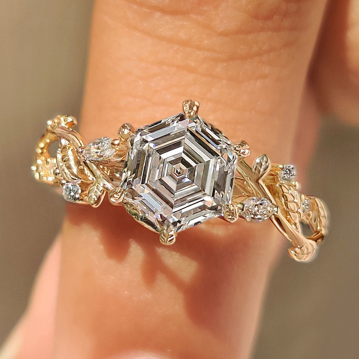 Isadora Blythe - Nature Inspired Hexagon Cut Engagement Ring in Cluster Setting
