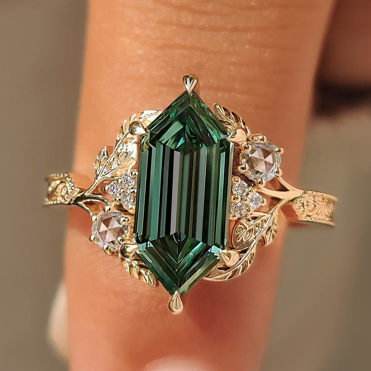 Aurelia Marie - Green Hexagon Step Cut Diamond Cluster Ring in Nature Inspired Style