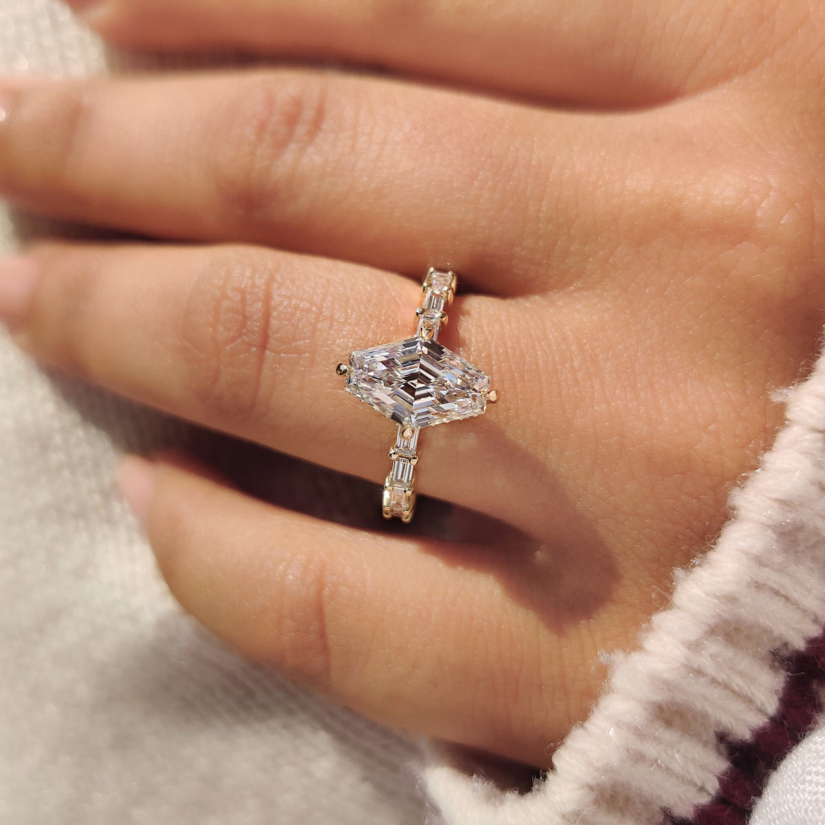 Leonora Belle - Squashed Hexagon Step Cut Ring with Baguette Cut Pave Band