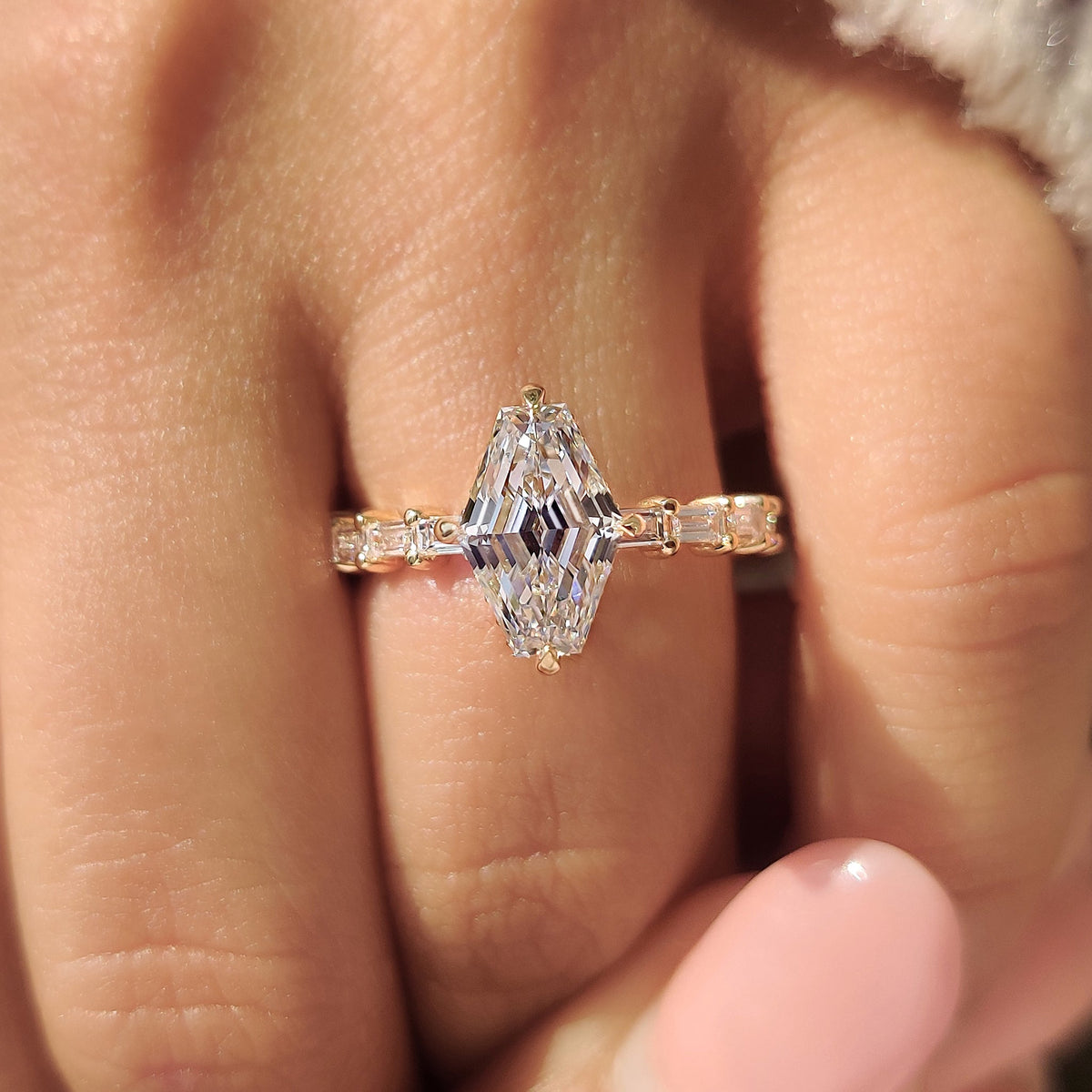 Leonora Belle - Squashed Hexagon Step Cut Ring with Baguette Cut Pave Band