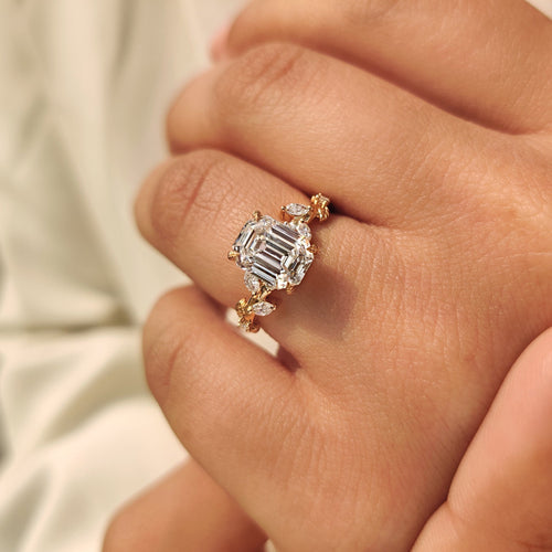 Leonora Elise - Old Mine Emerald Cut Nature Inspired Ring in Leaf Style Prong
