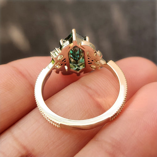 Aurelia Marie - Green Hexagon Step Cut Diamond Cluster Ring in Nature Inspired Style