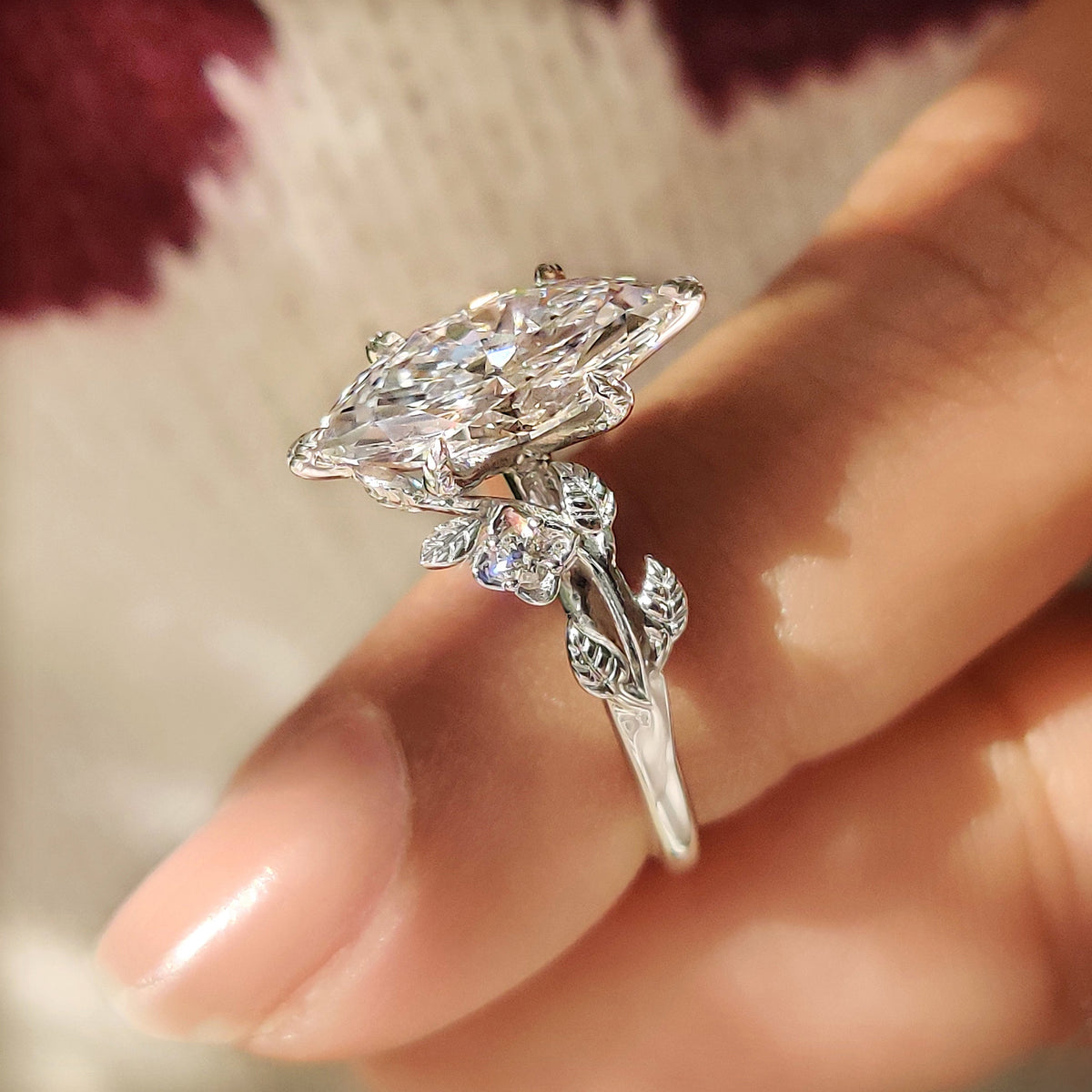 Isadora Sage - Nature Inspired Marquise Cut Engagement Ring in Floral Details