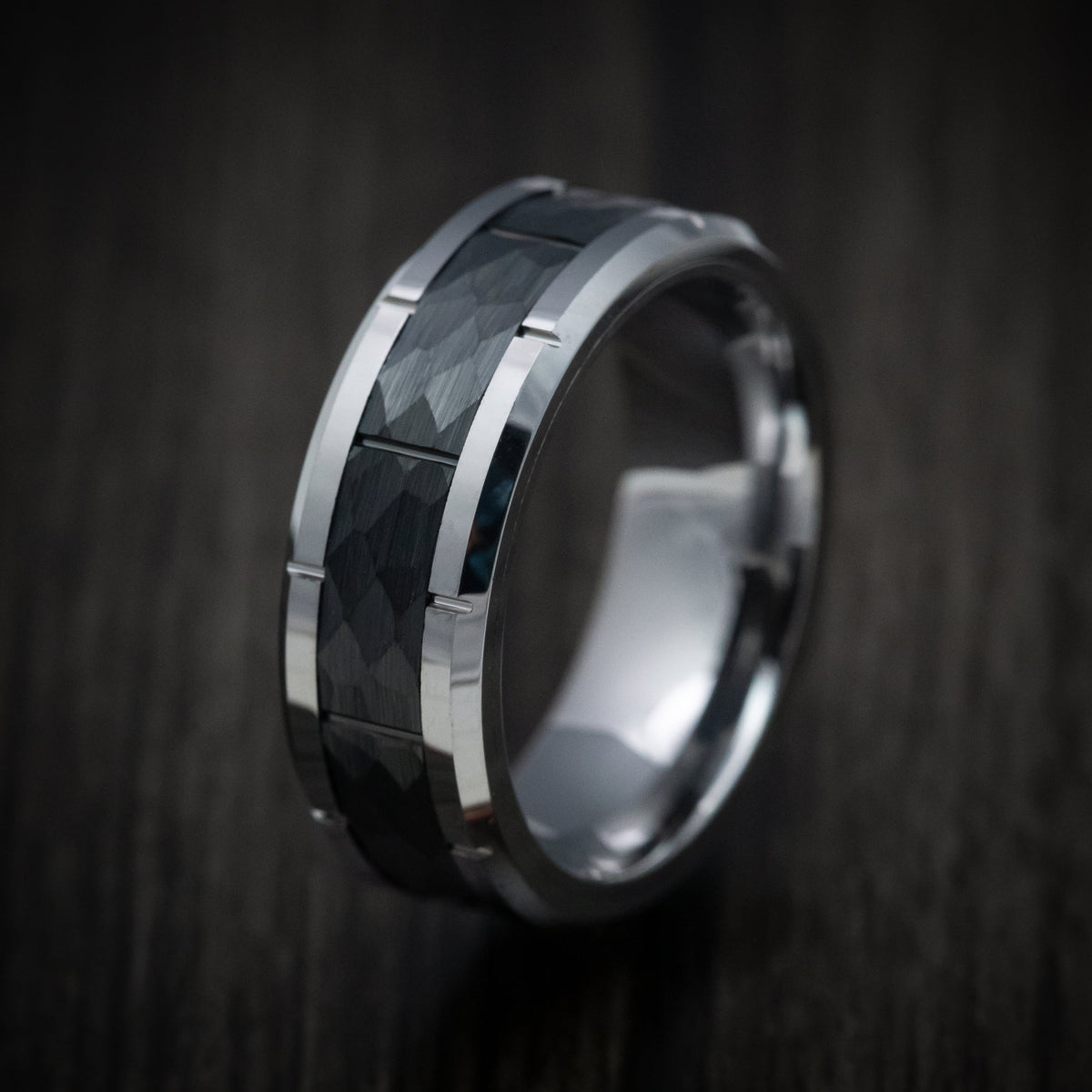 Albatross XV - Tungsten and Black Tungsten Hammered Men's Wedding Ring - view 3 - Nura Lab