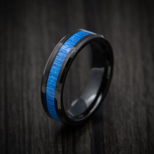 Onyx XVI - Black Tungsten Men's Wedding Ring with Blue Bamboo Inlay - view 3 - Nura Lab