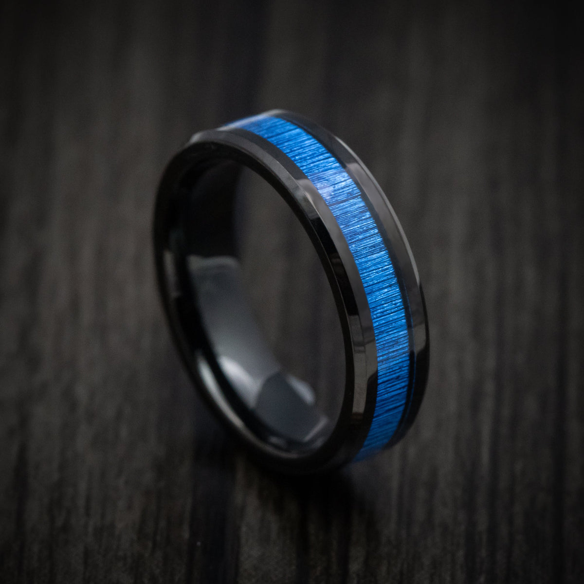 Onyx XVI - Black Tungsten Men's Wedding Ring with Blue Bamboo Inlay - Nura Lab