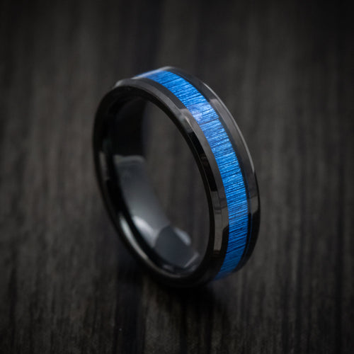 Onyx XVI - Black Tungsten Men's Wedding Ring with Blue Bamboo Inlay - Nura Lab