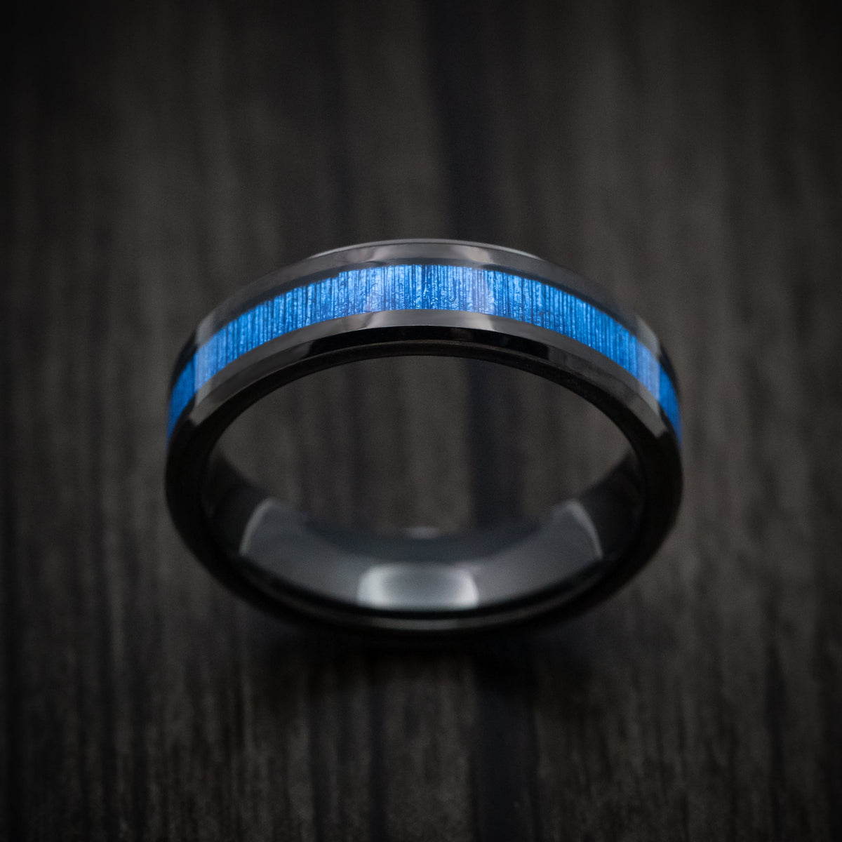 Onyx XVI - Black Tungsten Men's Wedding Ring with Blue Bamboo Inlay - view 2 - Nura Lab