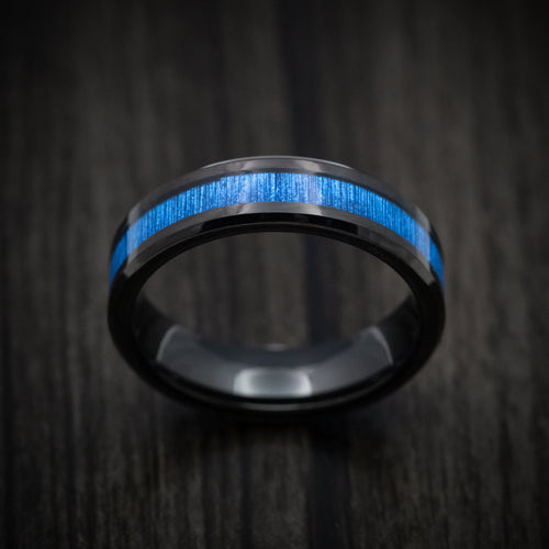 Onyx XVI - Black Tungsten Men's Wedding Ring with Blue Bamboo Inlay - view 2 - Nura Lab