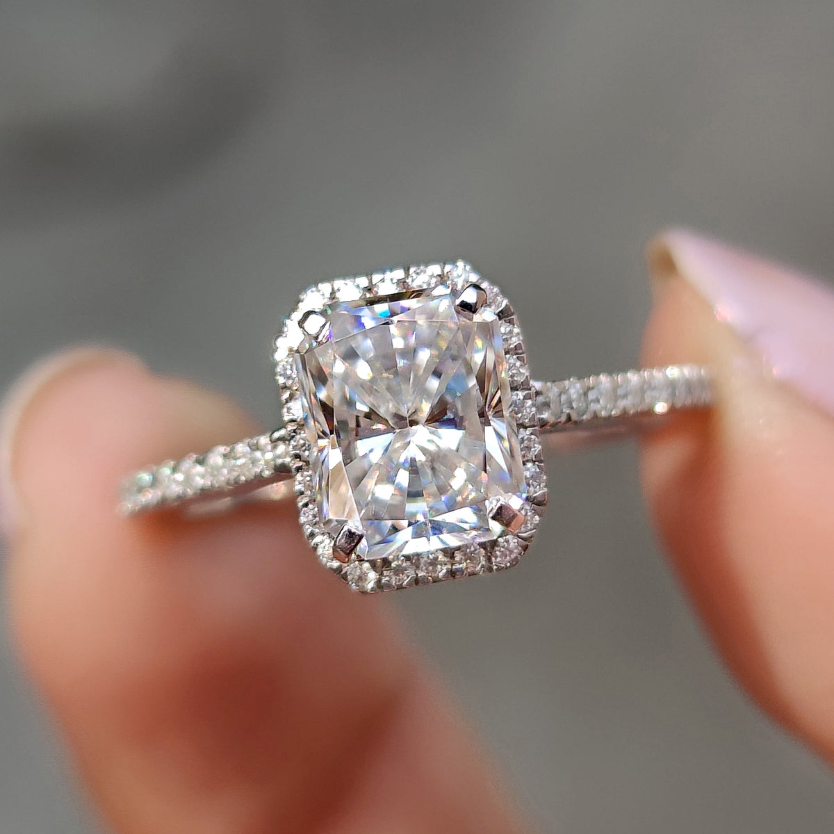 Rosamund Nell - Radiant Cut Moissanite Ring In Halo Style