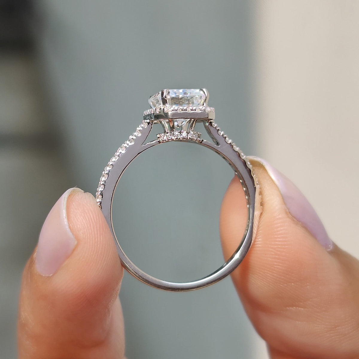 Rosamund Nell - Radiant Cut Moissanite Ring In Halo Style