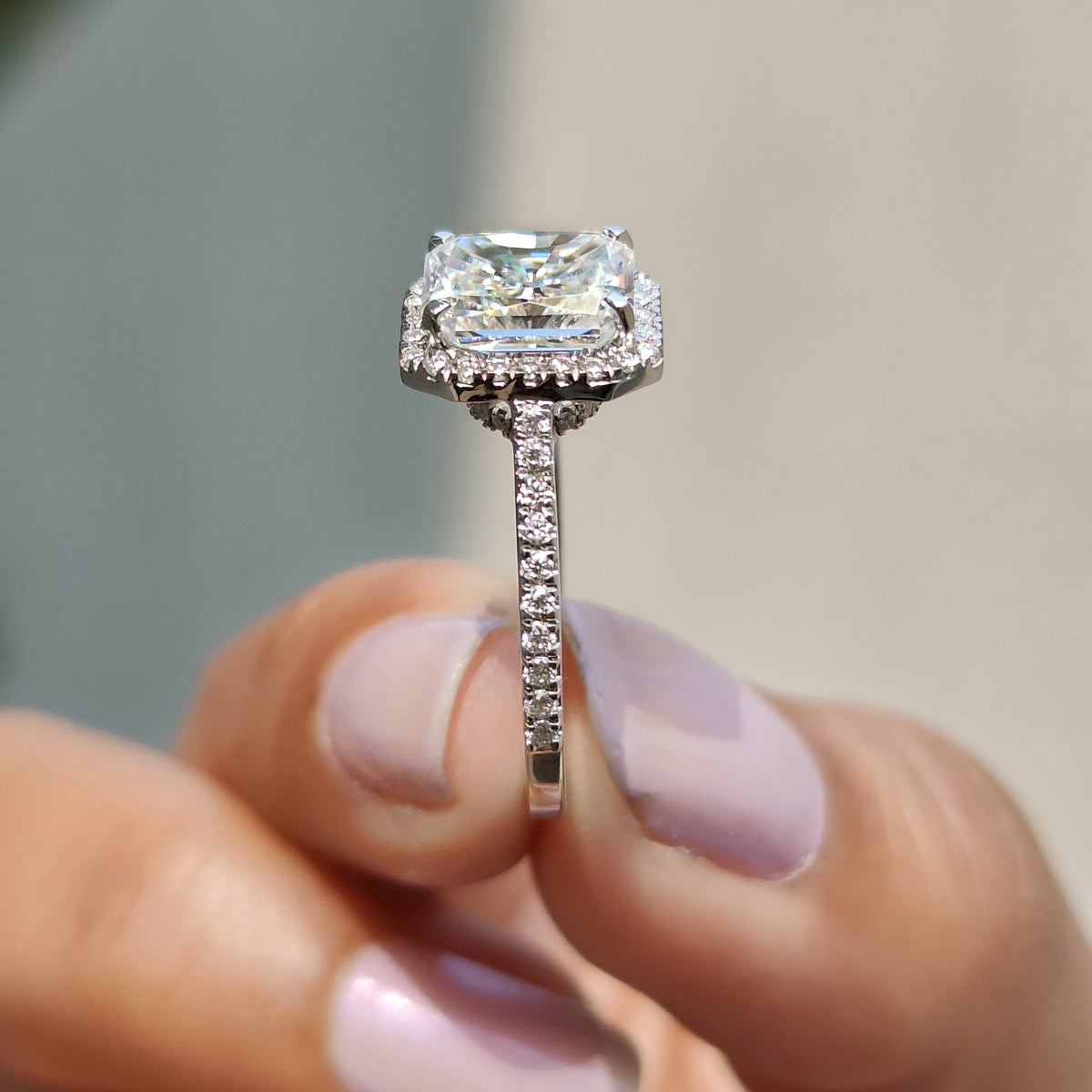 Rosamund Nell - Radiant Cut Moissanite Ring In Halo Style