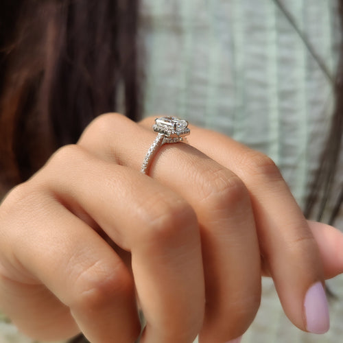Rosamund Nell - Radiant Cut Moissanite Ring In Halo Style