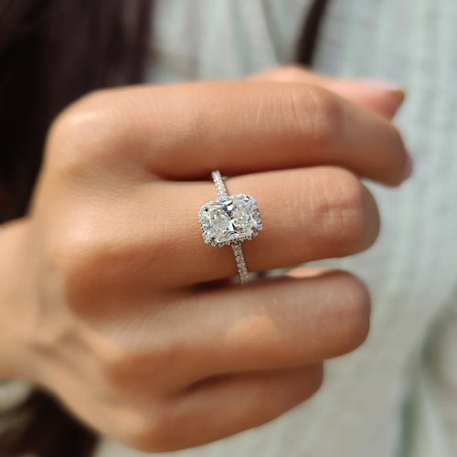 Rosamund Nell - Radiant Cut Moissanite Ring In Halo Style