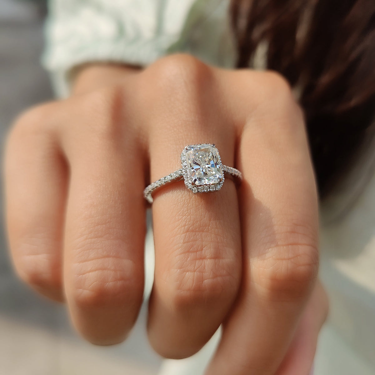 Rosamund Nell - Radiant Cut Moissanite Ring In Halo Style
