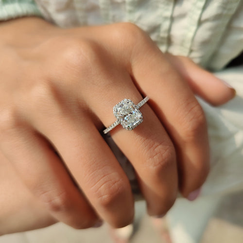 Rosamund Nell - Radiant Cut Moissanite Ring In Halo Style