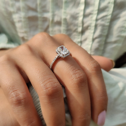 Rosamund Nell - Radiant Cut Moissanite Ring In Halo Style