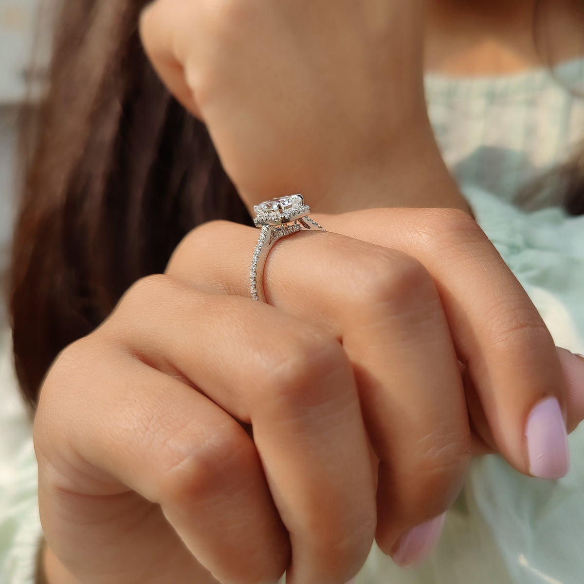 Rosamund Nell - Radiant Cut Moissanite Ring In Halo Style