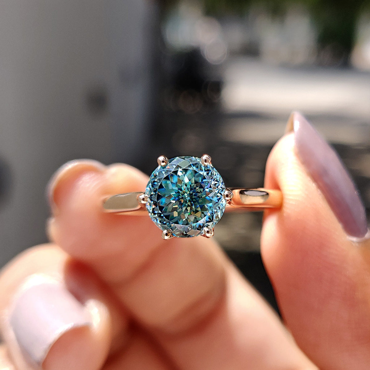 Noelle Nell - Cyan Blue Portuguese Cut Solitaire Engagement Ring