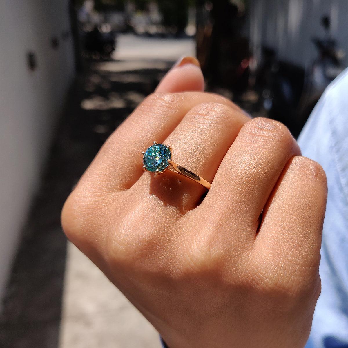 Noelle Nell - Cyan Blue Portuguese Cut Solitaire Engagement Ring