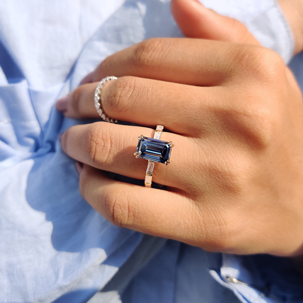 Juliette Rae - Emerald Cut Engagement Ring With Baguette Side Stones