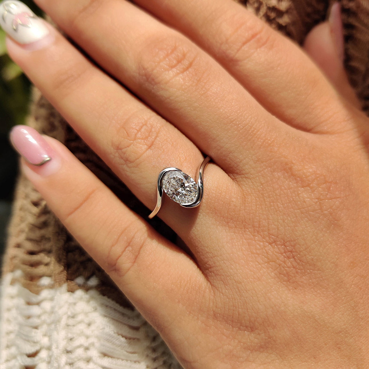Cordelia Marie - Oval Diamond Engagement Ring In Half Bezel Setting
