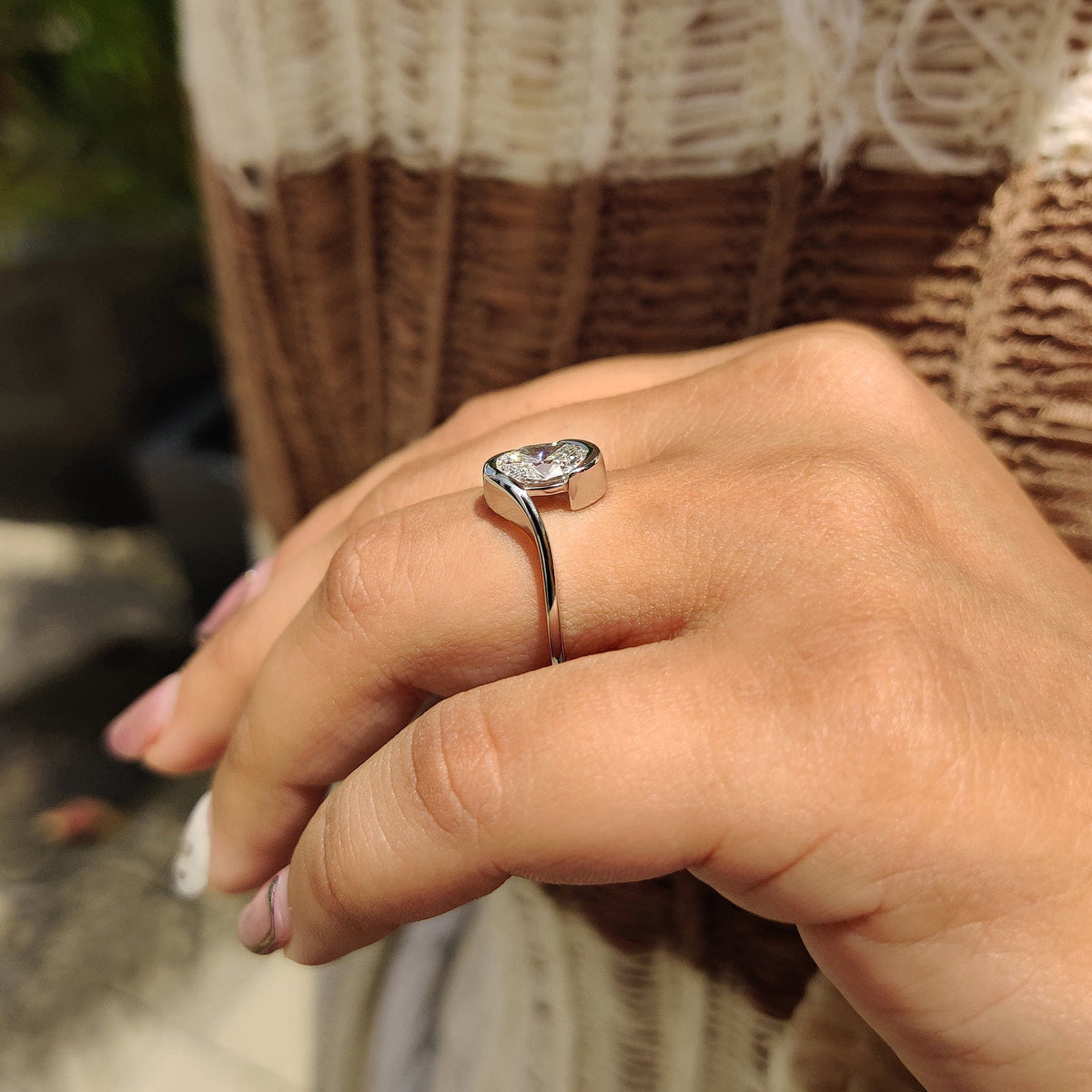 Cordelia Marie - Oval Diamond Engagement Ring In Half Bezel Setting
