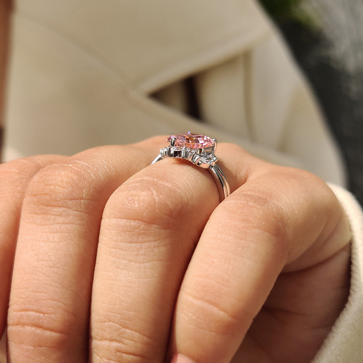 Amara Anne - Shield Cut Pink Gemstone Bypass Engagement Ring