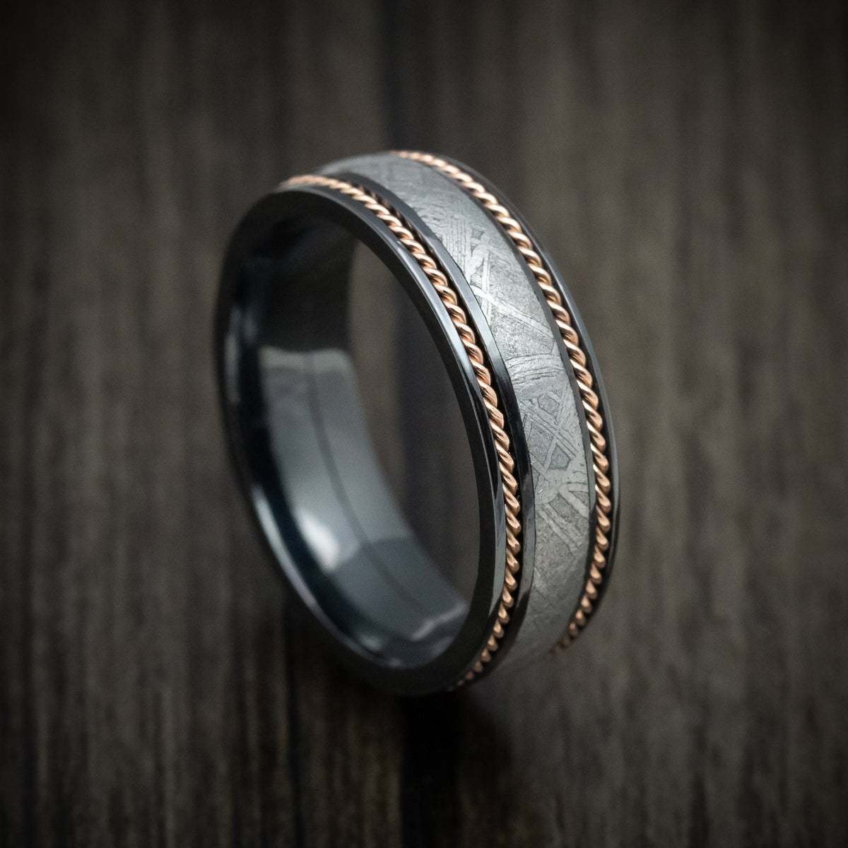 Northwind VII - Black Titanium or Black Zirconium Custom Men's Wedding Ring with Gibeon Meteorite and 14K Gold Braid Inlays - Nura Lab